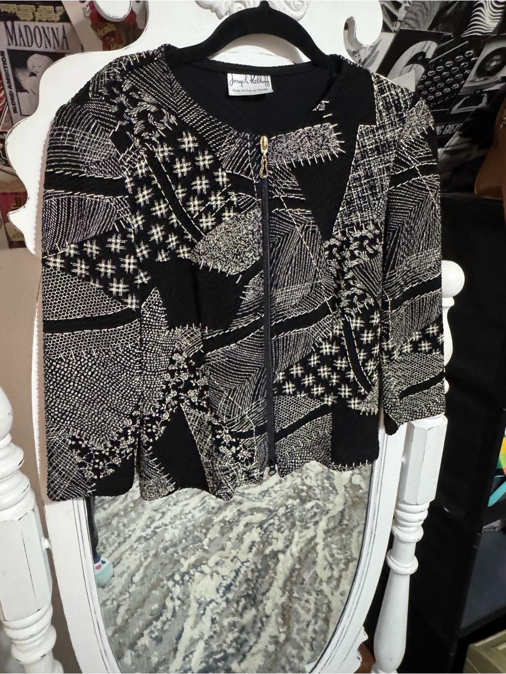 Joseph Ribkoff Black and Cream Zip-Front Patterned Jacket